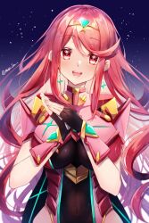 1girl alternate_hairstyle amanoru_mozuku black_gloves chest_jewel core_crystal_(xenoblade) earrings fingerless_gloves gloves highres impossible_clothes jewelry long_hair pyra_(xenoblade) red_eyes red_hair solo star_(sky) star_(symbol) star_earrings tiara twitter_username upper_body xenoblade_chronicles_(series) xenoblade_chronicles_2