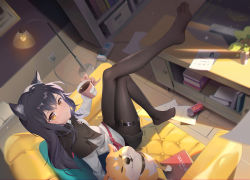 Rule 34 | 1girl, absurdres, animal, animal ear fluff, animal ears, arknights, armchair, black capelet, black pantyhose, black shorts, blonde hair, blue hair, book, bookshelf, can, capelet, chair, closed mouth, colored inner hair, commentary request, computer, couch, cup, feet, feet up, full body, highres, holding, holding cup, id card, indoors, jacket, knee up, lamp, laptop, leg up, long hair, looking at viewer, multicolored hair, no shoes, pantyhose, paper, plant, revision, shirt, shorts, sitting, smile, solo, somna, texas (arknights), thighhighs, toes, vase, white jacket, white shirt, wolf ears, wolf girl, wooden floor