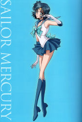Rule 34 | 10s, 1girl, bishoujo senshi sailor moon, bishoujo senshi sailor moon crystal, blue background, blue bow, blue eyes, blue footwear, blue hair, blue sailor collar, blue skirt, boots, bow, brooch, circlet, elbow gloves, gloves, highres, jewelry, knee boots, magical girl, mizuno ami, official art, pleated skirt, sailor collar, sailor mercury, sakou yukie, short hair, skirt, solo, white gloves