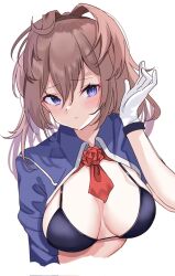 Rule 34 | 1girl, ascot, bikini, black bikini, blue eyes, blush, breasts, brown hair, calin, gloves, hair between eyes, highres, kantai collection, large breasts, medium hair, parted lips, red ascot, sheffield (kancolle), simple background, solo, swimsuit, upper body, white background, white gloves