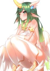 Rule 34 | 1girl, ;p, angel wings, armlet, bare shoulders, blush, breasts, choker, elbow gloves, full body, gloves, green eyes, green hair, hair ornament, huatu jiang, large breasts, league of legends, long hair, magical girl, one eye closed, sideboob, simple background, solo, soraka (league of legends), sparkle, squatting, star guardian (league of legends), star guardian soraka, thighhighs, tongue, tongue out, very long hair, white background, wings