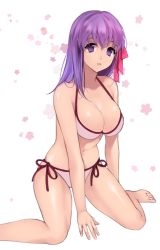 Rule 34 | 1girl, arm support, bare shoulders, bikini, breasts, cleavage, fate/stay night, fate (series), female focus, floral background, hair ribbon, ice (ice aptx), kneeling, large breasts, long hair, matou sakura, official alternate costume, purple eyes, purple hair, ribbon, shiny skin, side-tie bikini bottom, simple background, skindentation, smile, solo, swimsuit, white background