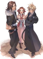 Rule 34 | 1girl, 2boys, aerith gainsborough, aqua eyes, armor, bare shoulders, belt, black footwear, black jacket, black pants, blue eyes, boots, breasts, brown footwear, brown gloves, chain, chain necklace, chest strap, cloud strife, cropped jacket, crossed arms, dress, final fantasy, final fantasy vii, final fantasy vii advent children, final fantasy viii, full body, fur-trimmed jacket, fur trim, gloves, green eyes, hair between eyes, halter dress, halterneck, hand on own hip, high collar, highres, jacket, jewelry, kingdom hearts, kingdom hearts ii, long dress, long hair, looking at viewer, medium breasts, medium hair, multiple belts, multiple boys, necklace, open collar, open mouth, pants, parted bangs, parted lips, pink dress, pink ribbon, ribbon, ryouto, scar, scar on face, scar on forehead, shirt, short hair, short sleeves, shoulder armor, sidelocks, single bare shoulder, single sleeve, smile, spiked hair, squall leonhart, standing, toned, toned male, waist cape, white shirt