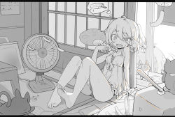 Rule 34 | 14c, @ @, ahoge, animal, bare legs, barefoot, cat, cellphone, character request, copyright request, cup, drinking glass, drinking straw, drooling, electric fan, feet, food, greyscale, hand fan, highres, hot, indoors, maneki-neko, monochrome, nightgown, panties, phone, popsicle, porch, sitting, sliding doors, smartphone, sweat, table, tatami, television, thought bubble, toes, two side up, underwear, uneven eyes, wind chime