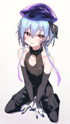 Rule 34 | 1boy, absurdres, arknights, bare shoulders, beudelb, black shirt, black shorts, black sleeves, blue hair, blue headwear, blue nails, commentary, detached sleeves, ear piercing, full body, gradient hair, hair between eyes, highres, infection monitor (arknights), long sleeves, male focus, mizuki (arknights), multicolored hair, open mouth, piercing, pink eyes, purple hair, seiza, shirt, short hair with long locks, shorts, simple background, sitting, sleeveless, sleeveless shirt, solo, white background