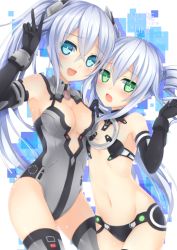 Rule 34 | 10s, 2girls, :d, :o, age difference, armlet, armpits, bare shoulders, black gloves, black heart (neptunia), black legwear, black sister, blue eyes, blush, bracer, breasts, character name, cleavage, cleavage cutout, clenched hand, clothing cutout, cowboy shot, detached collar, drill hair, elbow gloves, female focus, flat chest, gloves, green eyes, grey legwear, groin, hair between eyes, hair ornament, halterneck, hand up, head tilt, height difference, kaguyuu, kami jigen game neptune v, leotard, long hair, looking at viewer, lowleg, magical girl, medium breasts, multiple girls, navel, neptune (series), noire (neptunia), o-ring, o-ring top, open mouth, power symbol, power symbol-shaped pupils, revealing clothes, shadow, short hair, siblings, sidelocks, silver hair, sisters, smile, symbol-shaped pupils, thighhighs, turtleneck, twin drills, twintails, uni (neptunia), v, very long hair