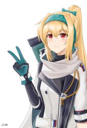 Rule 34 | 1girl, artist name, black bodysuit, blonde hair, bodysuit, bolt action, bow, closed mouth, gamryous, girls&#039; frontline, gloves, green bow, green hairband, gun, hair bow, hairband, highres, jacket, long hair, looking at viewer, multicolored clothes, multicolored gloves, ponytail, red eyes, rifle, russian flag, scarf, simple background, smile, sniper rifle, solo, sv-98, sv-98 (girls&#039; frontline), sv-98 (mod3) (girls&#039; frontline), turtleneck, upper body, v, weapon, white background, white jacket, white scarf