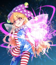 Rule 34 | 1girl, american flag dress, american flag legwear, bare arms, blonde hair, breasts, closed mouth, clownpiece, commentary request, fairy wings, fire, gradient background, hat, highres, holding, jester cap, licking lips, long hair, looking at viewer, medium breasts, mise yuzuki, neck ruff, pantyhose, pink eyes, polka dot, short sleeves, solo, star (symbol), star print, starry background, striped clothes, striped pantyhose, tongue, tongue out, torch, touhou, transparent wings, v, very long hair, wings