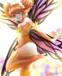 Rule 34 | 1other, :d, ass, bare shoulders, butterfly wings, detached sleeves, fairy, feo ul, final fantasy, final fantasy xiv, fingernails, flat chest, highres, insect wings, leg up, leotard, long fingernails, long sleeves, nail polish, open mouth, orange hair, orange leotard, orange thighhighs, pointy ears, puramu, purple eyes, purple nails, purple wings, sharp fingernails, short hair, short twintails, smile, solo, strapless, strapless leotard, teeth, thighhighs, twintails, twitter username, wings