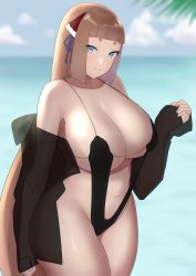 Rule 34 | 1girl, black one-piece swimsuit, blue eyes, blunt bangs, breasts, brown hair, cleavage, curvy, highres, huge breasts, long hair, looking at viewer, momoko (shoutao), one-piece swimsuit, original, shoutao, smile, solo, swimsuit, thick thighs, thighs