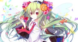 Rule 34 | 1girl, ai kotoba (vocaloid), detached sleeves, floating hair, flower, green hair, hair flower, hair ornament, hatsune miku, headset, highres, long hair, looking at viewer, necktie, red eyes, shanguier, smile, solo, twintails, twitter username, very long hair, vocaloid
