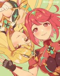 Rule 34 | bare shoulders, blonde hair, breasts, chagi chage, chest jewel, cleavage, cleavage cutout, clothing cutout, dress, earrings, jewelry, large breasts, long hair, mythra (xenoblade), pyra (xenoblade), red eyes, red hair, short dress, short hair, swept bangs, tiara, very long hair, white dress, xenoblade chronicles (series), xenoblade chronicles 2, yellow eyes