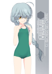 Rule 34 | 1girl, ahoge, artist name, black ribbon, braid, brown eyes, character name, collarbone, cowboy shot, eyes visible through hair, fingers together, flat chest, green one-piece swimsuit, grey hair, hair between eyes, hair over eyes, hair ribbon, hamanami (kancolle), highres, inaba shiki, index fingers together, kantai collection, long hair, new school swimsuit, one-hour drawing challenge, one-piece swimsuit, ribbon, school swimsuit, simple background, single braid, smile, solo, standing, swimsuit, white background