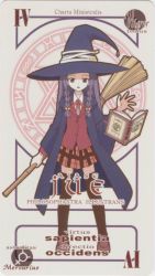 Rule 34 | 00s, 1girl, ayase yue, book, braid, broom, card, coat, floating, floating book, floating object, grimoire, hat, highres, holding, holding broom, latin text, long hair, looking at viewer, magic circle, mahou sensei negima!, open book, open mouth, pactio, pleated skirt, purple hair, ribbon, school uniform, shoes, skirt, solo, standing, text focus, thighhighs, witch hat