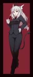 Rule 34 | 1girl, alcohol, black border, black footwear, black headwear, black jacket, black pants, blazer, blunt bangs, border, champagne flute, cup, demon girl, demon horns, demon tail, drinking glass, formal, full body, gloves, hand on own hip, helltaker, high heels, highres, holding, holding cup, horns, jacket, long hair, long sleeves, looking at viewer, low-tied long hair, lucifer (helltaker), mole, mole under eye, nagomiya (shousha), necktie, open mouth, outside border, pant suit, pants, red background, red eyes, red shirt, shirt, solo, standing, suit, tail, tiara, white hair, white horns, wine