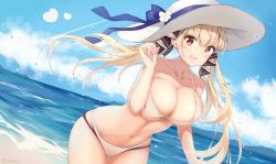 Rule 34 | 1girl, :d, azur lane, bare shoulders, beach, bikini, breasts, brown hair, cleavage, cloud, collarbone, commentary request, cowboy shot, day, dutch angle, formidable (azur lane), hair ribbon, hand up, haruka poi, hat, hat ribbon, highres, large breasts, long hair, looking at viewer, micro bikini, multi-strapped bikini, navel, ocean, open mouth, red eyes, ribbon, sky, smile, solo, stomach, sun hat, swimsuit, twintails, very long hair, water, wet, white bikini, white hat