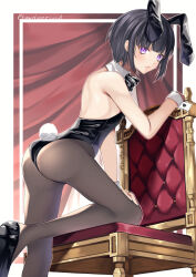 Rule 34 | 1girl, animal ears, ass, back, back cutout, bare shoulders, black bow, black bowtie, black footwear, black hair, black leotard, black pantyhose, blunt bangs, blush, bob cut, border, bow, bowtie, chair, clothing cutout, collar, detached collar, fake animal ears, fake tail, feet on chair, fishnet pantyhose, fishnets, flat chest, from behind, hamcheeseand, hand on own leg, heart, heart print, high heels, highres, idolmaster, idolmaster cinderella girls, idolmaster cinderella girls starlight stage, indoors, leotard, looking at viewer, looking back, open mouth, outside border, pantyhose, playboy bunny, purple eyes, rabbit ears, rabbit tail, red curtains, shirayuki chiyo, short hair, solo, standing, strapless, strapless leotard, tail, twitter username, white border, white collar, white wrist cuffs, window, wrist cuffs