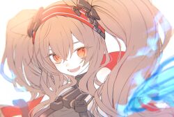 Rule 34 | angelina (arknights), arknights, brown hair, hk nnm, looking at viewer, orange eyes, simple background, sleeveless, smile, twintails, twitter, upper body, white background