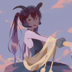 1girl black_dress black_nails chinese_commentary commentary_request dress ellie_niunai_zhuyi_zhe fingernails hair_between_eyes hand_up highres horns long_fingernails long_hair looking_at_viewer nail_polish open_mouth orange_eyes original plunging_neckline purple_hair sash sky smile snake solo twintails upper_body wrist_cuffs yellow_sash