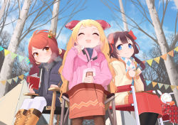 Rule 34 | 3girls, :o, anchor symbol, animal ears, antenna hair, azur lane, black legwear, blanket, blonde hair, blue eyes, blue sweater, book, boots, camping, camping chair, carrot, commission, cross-laced footwear, crown, crown hair ornament, day, eating, food, forest, full body, grey jacket, grey sweater, highres, holding, holding carrot, holding food, jacket, jenkins (azur lane), jersey (azur lane), kiyonami (azur lane), knife, lace-up boots, long hair, looking at another, low twintails, marshmallow, mini crown, multiple girls, nature, open mouth, outdoors, pennant, pink jacket, pink ribbon, plaid, plaid scarf, potato, purple hair, rabbit, rabbit ears, rabbit girl, reading, red hair, red ribbon, ribbon, ribbon hair, scarf, sitting, skeb commission, sky, smile, stuffed animal, stuffed rabbit, stuffed toy, sweater, tent, tree, twintails, wavy hair, winter, winter clothes, yellow eyes, yellow jacket, yohia, zipper