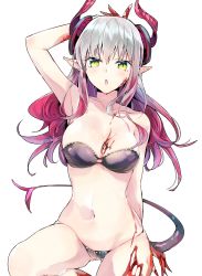 Rule 34 | 10s, 1girl, absurdres, armpits, asymmetrical horns, bare arms, bare shoulders, black bra, black choker, black panties, blood, bra, breasts, carmilla (fate), choker, collarbone, commentary request, curled horns, dragon girl, dragon horns, dragon tail, elizabeth bathory (fate), elizabeth bathory (fate/extra ccc), fate/extra, fate/extra ccc, fate/grand order, fate (series), gluteal fold, gradient hair, green eyes, hair between eyes, highres, horns, long hair, looking at viewer, medium breasts, multicolored hair, navel, panties, parted lips, pink hair, pointy ears, silver hair, simple background, solo, tail, tomozero, transformation, underwear, underwear only, uneven horns, white background