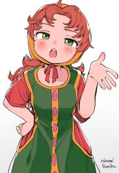 Rule 34 | 1girl, blush, brown hair, curly hair, dragon quest, dragon quest vii, dress, green eyes, highres, hood, long hair, looking at viewer, maribel (dq7), miyama (kannsannn), open mouth, simple background, solo, white background