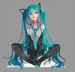 Rule 34 | 00s, 1girl, aqua eyes, aqua hair, bandaid, bandaid on face, bare shoulders, black thighhighs, blood, boots, butterfly sitting, commentary request, detached sleeves, grey background, hair between eyes, hatsune miku, headphones, headset, itoko (i t k), licking lips, long hair, looking at viewer, necktie, nosebleed, shirt, sitting, skirt, sleeveless, sleeveless shirt, solo, thigh boots, thighhighs, tongue, tongue out, twintails, very long hair, vocaloid, wide sleeves