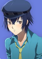 Rule 34 | 1girl, androgynous, blue hair, cabbie hat, closed mouth, hat, murata tefu, persona, persona 4, shirogane naoto, short hair, simple background, solo
