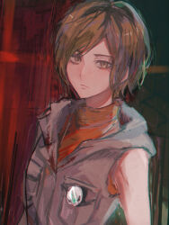 Rule 34 | 1girl, bare shoulders, blonde hair, blood, blood on clothes, brown eyes, expressionless, freckles, heather mason, jacket, looking at viewer, miichinori, orange shirt, shirt, short hair, silent hill (series), silent hill 3, sleeveless, solo, turtleneck, upper body, white jacket