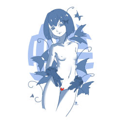 Rule 34 | 1girl, absurdres, breasts, censored, female focus, gloves, heart, highres, looking at viewer, monochrome, navel, nude, original, petite, short hair, simple background, sk tori, small breasts, solo, spot color, white background