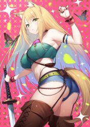 Rule 34 | 1girl, animal ear fluff, animal ears, arm up, armpits, ass, belt, blonde hair, breasts, brown thighhighs, bug, butterfly, chain, cutoffs, denim, denim shorts, dog ears, dog girl, dog tail, from behind, garter straps, green322, green eyes, green shirt, highres, insect, large breasts, long hair, looking at viewer, looking back, nail polish, original, pouch, shirt, short shorts, shorts, solo, sword, tail, thighhighs, thighs, weapon