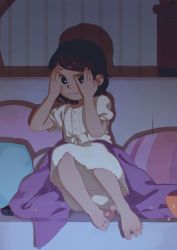Rule 34 | 1girl, absurdres, alkemanubis, barefoot, bed sheet, black eyes, brown hair, child, couch, dress, feet, food, highres, night, nightgown, pillow, popcorn, shadow, solo, tagme, toes