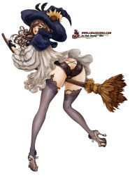 Rule 34 | 1girl, ass, blue eyes, broom, broom riding, brown hair, butt crack, cameltoe, dress, feathers, fingerless gloves, flower, gloves, hat, high heels, highres, lace, lace-trimmed legwear, lace trim, long hair, looking back, noh seong-min, original, panties, solo, sunflower, thighhighs, underwear, witch, witch hat