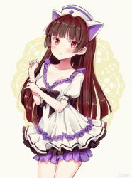 Rule 34 | 1girl, animal ears, artist name, bad id, bad pixiv id, black bow, blunt bangs, blush, bow, breasts, brown hair, cat ears, cleavage, closed eyes, collarbone, cowboy shot, dress, dress bow, frilled dress, frilled sleeves, frills, frown, goyain, hat, highres, layered dress, long hair, looking at viewer, medium breasts, nurse cap, puffy short sleeves, puffy sleeves, red eyes, short sleeves, solo, soulworker, standing, straight hair, tareme, very long hair, white dress