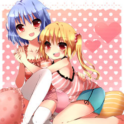 Rule 34 | 2girls, alternate costume, ao ringo, bad id, bad pixiv id, blonde hair, blue hair, breasts, casual, contemporary, female focus, flandre scarlet, hair bobbles, hair ornament, hug, large breasts, multiple girls, no headwear, no wings, pillow, red eyes, remilia scarlet, shorts, siblings, side ponytail, sisters, sleeveless, thighhighs, touhou, white thighhighs, yuri