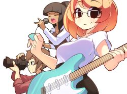 Rule 34 | 1boy, 2girls, blunt bangs, blush, brown hair, camera, closed eyes, closed mouth, facing viewer, fizintine, glasses, guitar, holding, holding camera, holding instrument, holding microphone, holding plectrum, instrument, long hair, looking at another, looking at viewer, luna (fizintine), microphone, multiple girls, open mouth, original, plectrum, ponytail, shikoke (fizintine), shirt, short hair, smile, white shirt