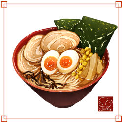Rule 34 | artist logo, bowl, egg (food), food, food focus, highres, meat, no humans, noodles, nori (seaweed), original, ramen, softboiled egg, white background, yuki00yo