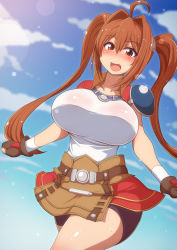 Rule 34 | 1girl, ahoge, alternate breast size, armor, bike shorts, blush, breasts, brown hair, cloud, cloudy sky, cowboy shot, day, dutch angle, eiyuu densetsu, embarrassed, estelle bright, gloves, hair between eyes, highres, jacket, large breasts, lens flare, long hair, looking at viewer, miniskirt, open mouth, ponponmaru, red eyes, shirt, shorts, shorts under skirt, shoulder armor, skirt, sky, solo, sora no kiseki, sweat, twintails