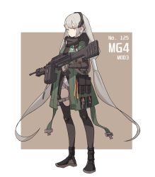 Rule 34 | 1girl, absurdres, ammunition box, black legwear, border, brown background, character name, commentary, einheadt, english commentary, expressionless, full body, girls&#039; frontline, gloves, green jacket, grey hair, gun, h&amp;k mg4, headgear, highres, holding, holding gun, holding weapon, jacket, knee pads, light machine gun, long hair, looking at viewer, machine gun, mg4 (girls&#039; frontline), mg4 (mod3) (girls&#039; frontline), mod3 (girls&#039; frontline), short shorts, shorts, sidelocks, simple background, solo, thigh strap, trigger discipline, twintails, very long hair, weapon, white border, white shorts, yellow eyes