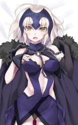 Rule 34 | 1girl, bare shoulders, blonde hair, blush, breasts, cape, chain, elbow gloves, fate/grand order, fate (series), fur trim, gloves, headpiece, jeanne d&#039;arc (fate), jeanne d&#039;arc alter (avenger) (fate), jeanne d&#039;arc alter (fate), lying, navel, open mouth, panties, solo, tsurusaki takahiro, underwear, wavy mouth, yellow eyes