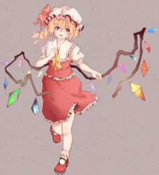Rule 34 | 1girl, ascot, blonde hair, blouse, crystal, flandre scarlet, full body, hat, hat ribbon, mary janes, mob cap, puffy sleeves, qwer1234777, red eyes, ribbon, shirt, shoes, short sleeves, side ponytail, skirt, skirt set, smile, solo, touhou, vest, wings, wrist cuffs