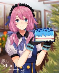 Rule 34 | 1girl, ahoge, alternate costume, arknights, black gloves, blue eyes, blue neckwear, blue poison (arknights), blue ribbon, blue sealad, blurry, blurry background, blush, cake, character name, commentary, enmaided, food, gloves, hair between eyes, hair ribbon, hands up, highres, holding, holding food, indoors, long hair, looking at viewer, low twintails, maid, maid day, maid headdress, pink hair, puffy short sleeves, puffy sleeves, ribbon, shirt, short sleeves, smile, solo, twintails, upper body, white shirt, wrist cuffs