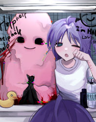 Rule 34 | 1girl, 1other, absurdres, bag, blood, blouse, blush, distortion, english text, highres, holding, holding bag, mirror, mirrored text, one eye closed, open mouth, original, purple eyes, reflection, rubber duck, shi  zumu, shirt, smile, t-shirt, tile wall, tiles, what, white shirt, wrist cutting