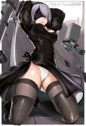 Rule 34 | 1girl, android, arms up, black dress, black footwear, black gloves, black hairband, black thighhighs, blindfold, boots, breasts, cameltoe, cleavage, cleavage cutout, closed mouth, clothing cutout, copyright name, covered eyes, dress, drone, floating, full body, gloves, groin, hair over one eye, hairband, high heel boots, high heels, highleg, highleg leotard, highres, holding, holding sword, holding weapon, juliet sleeves, katana, kneeling, legs apart, leotard, long sleeves, machinery, medium breasts, mole, mole under mouth, nier (series), nier:automata, pink lips, pod (nier:automata), puffy sleeves, robot, shadow, short dress, short hair, silver hair, skindentation, smile, solo, sound tamashi, sword, thigh boots, thighhighs, unsheathed, weapon, white leotard, 2b (nier:automata)