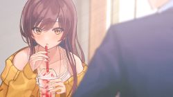 Rule 34 | 1boy, 1girl, :o, blurry, blush, cafe, collarbone, cup, depth of field, disposable cup, formal, glint, highres, idolmaster, idolmaster shiny colors, jewelry, kuro fjmy, long sleeves, looking at another, nail polish, necklace, off shoulder, osaki amana, producer (idolmaster), red hair, sleeves past wrists, smoothie, solo focus, suit, sunlight, sweater, upper body, yellow sweater