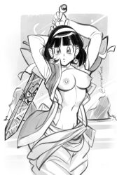 Rule 34 | 1boy, 1girl, alternate universe, amartbee, breasts, commentary, dragon ball, dragon ball super, dragonball z, earrings, english commentary, greyscale, hairband, highres, holding, holding sword, holding weapon, jewelry, medium breasts, medium hair, monochrome, navel, nipples, no bra, open clothes, open vest, potara earrings, solo focus, son gohan, sword, twitter username, vest, videl, weapon, z sword