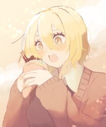 Rule 34 | 1girl, asage (attyuuu3), blonde hair, blush, brown cardigan, cardigan, collared shirt, crepe, don quixote (project moon), food, holding, holding food, limbus company, long sleeves, open mouth, project moon, shirt, short hair, smile, solo, sparkling eyes, white shirt, yellow eyes