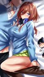 Rule 34 | 1boy, 1girl, bad id, bad pixiv id, bed, bed sheet, black pantyhose, blue cardigan, blue eyes, blush, breasts, brown hair, cardigan, closed mouth, clothes pull, collarbone, fary5, go-toubun no hanayome, green skirt, hair between eyes, headphones, headphones around neck, highres, large breasts, legs, lying, medium hair, nakano miku, on side, pantyhose, pulling own clothes, shirt, skirt, stuffed toy, sweatdrop, thighs, uesugi fuutarou, undressing, white shirt