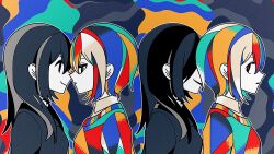 Rule 34 | abstract background, back-to-back, behind another, closed mouth, collared shirt, colored skin, covered eyes, face-to-face, from side, halftone, highres, long hair, machigami yoh, multicolored background, multicolored clothes, multicolored hair, multicolored sweater, original, outline, parted lips, partially colored, profile, shirt, short hair, sideways glance, smile, sweater, upper body, white outline, white skin