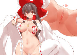 Rule 34 | 1girl, anus, ass, bad id, bad pixiv id, black hair, bow, breasts, brown eyes, censored, covered erect nipples, curvy, from below, hair bow, hakurei reimu, jewelry, large breasts, leg up, long hair, looking at viewer, maebari, multiple views, navel, necklace, pasties, pointless censoring, pussy, simple background, smile, thighhighs, thighs, touhou, white background, white thighhighs, yostxxx